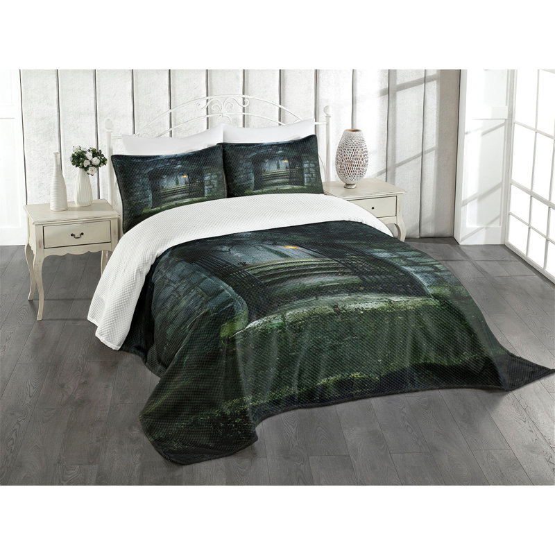 Ambesonne Gothic Bedspread Set Dark Haunted Castle Green Grey, King Coverlet / Bedspread + 2 Standard Shams