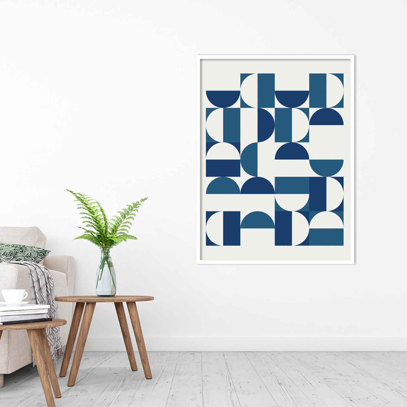 Bauhaus Geometric Blue and Teal Print, White, 41" H x 31" W x 1" D