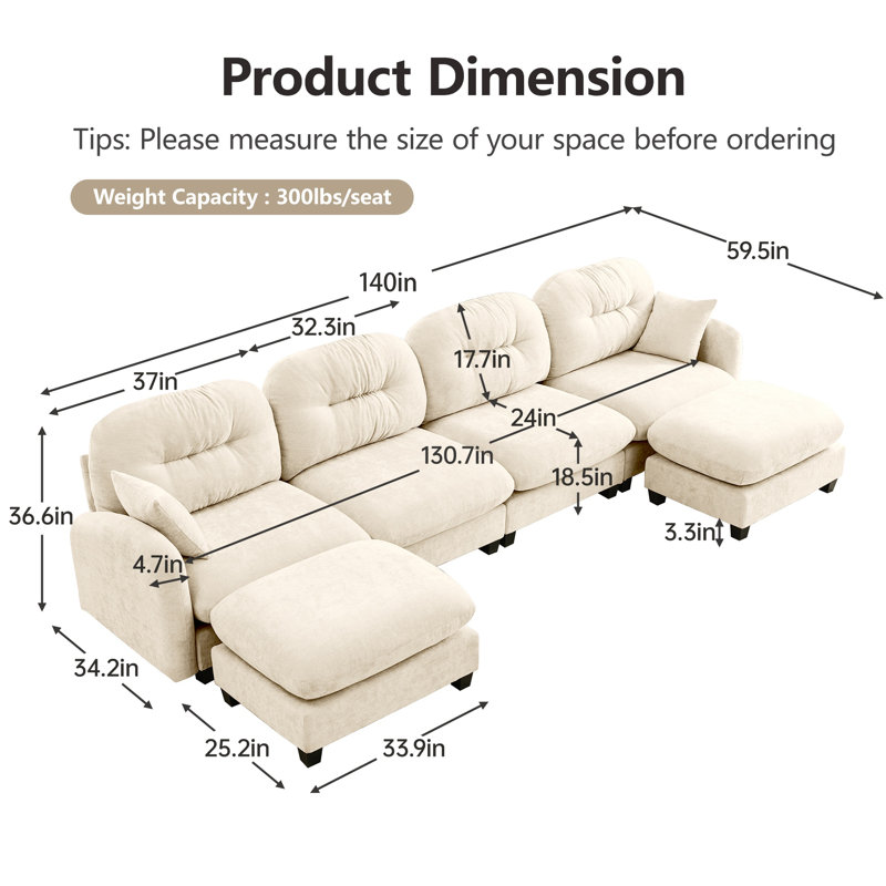 Canapé modulaire en U modulaire avec 2 repose-pieds, Chenille beige