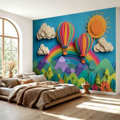 Wall Mural Peel and Stick Wallpaper Colorful Rainbow Hot Air Balloons Scenic Landscape Self-Adhesive Removable Contact Paper Wall Decor for Living Room Bedroom 69"H x 96"W