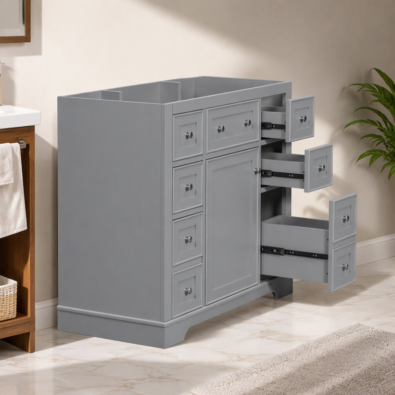Meuble-lavabo 36 po sans lavabo, base d'armoire seulement, une armoire et six tiroirs, gris, Grey