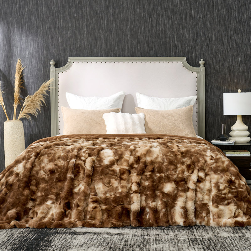 Jeté en fausse fourrure douce et luxueuse, Très grand lit, Beige