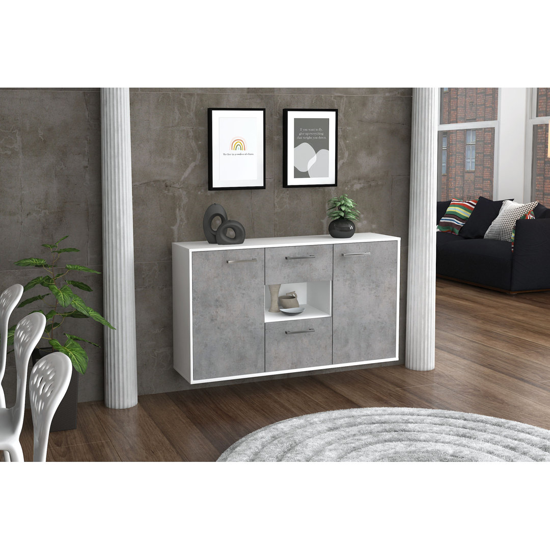 Sideboard Barun, Farbe: Grau/Weiß, Fliegend/Metallgriffe, Größe: 136x79x35 cm