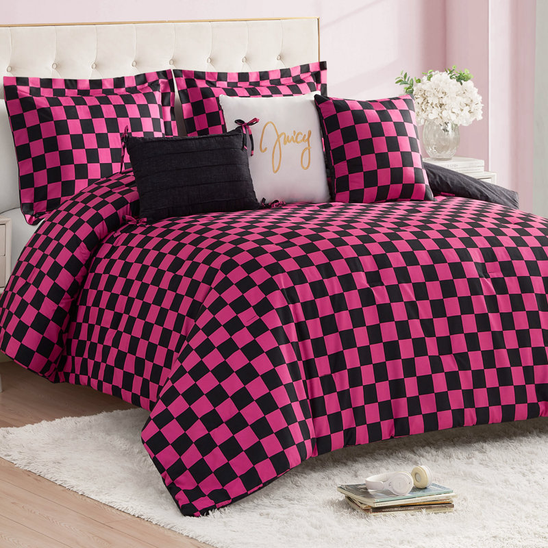 Juicy Couture Checkerboard Comforter Sets, Queen Comforter + 5 Additional Pieces, Black/Hot Pink