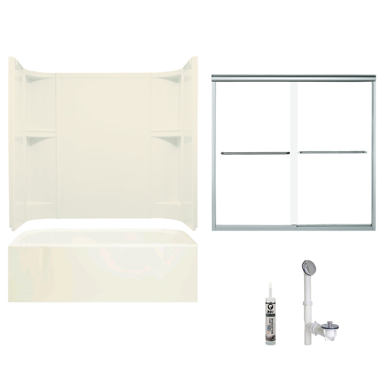 60" W x 72" H Frameless Rectangle Sliding Tub & Shower Kit with Towel Bar and Base Included, White, Silver