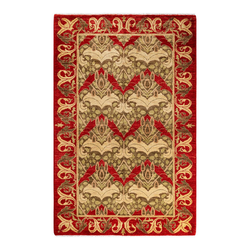 Tapis unique rouge / olive / ivoire surteint de 4 pi 1 po x 6 pi 3 po Overdyed