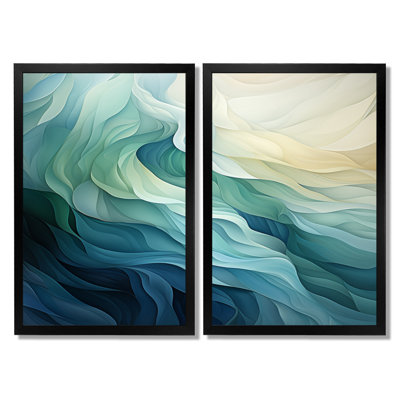 «Green and White Sway Wave Serenity - Abstract Geometric Wall Decor», ensemble d'art mural encadré abstrait vert