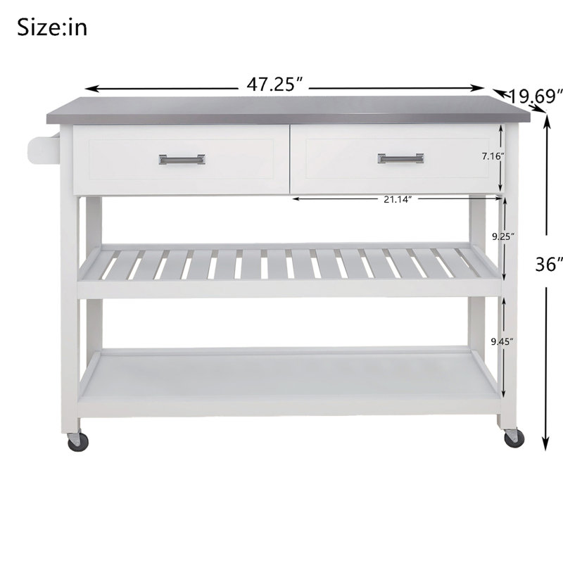 Chariot Kicthen blanc avec deux tiroirs et plateau en acier inoxydable