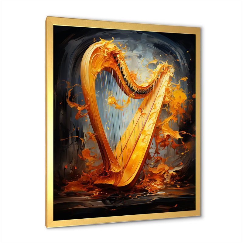 Majestic Golden Yellow Harmonic Harp sur toile, Cadre doré simple, H 32 po x l 24 po x P 1 po
