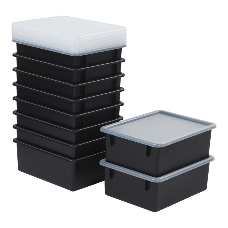 ECR4Kids Letter Size Plastic Tray Organizer with Lids, Large, Storage Bins, 10-Piece, Black, 13.75" L x 10.75" W x 5.5" H