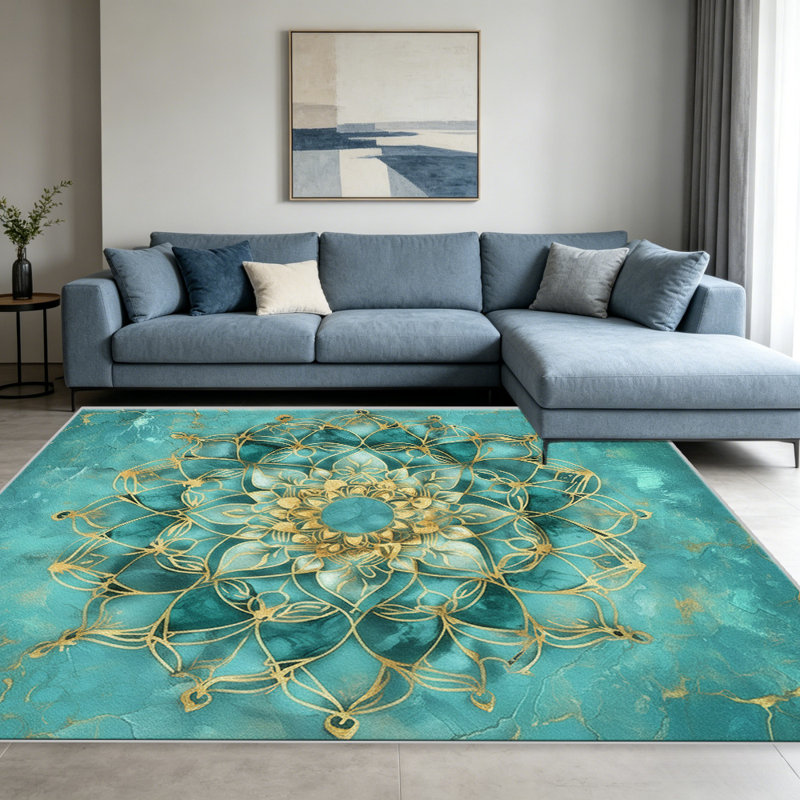 Teal Gold Mandala Marble carpet-easy to clean, machine-washable, soft and comfortable; suitable for door mats, kitchens, living rooms, bedrooms, corridors, and laundry areas. Easy to clean, durable carpet for home decoration.
