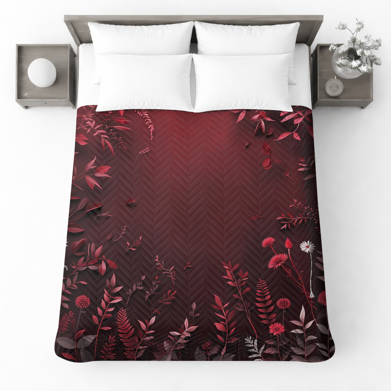 Red Botanical Leaves Quilted Bedspread, Queen