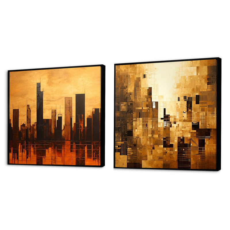 Ensemble de 2 blocs de gratte-ciel modernes de style moderne Skycraper, Cadre flottant noir, H 16 po x l 33 po