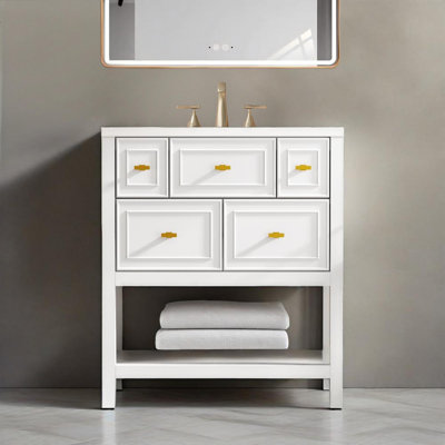 Ensemble de meuble-lavabo 30 po avec évier en céramique, 5 tiroirs, structure en bois massif 