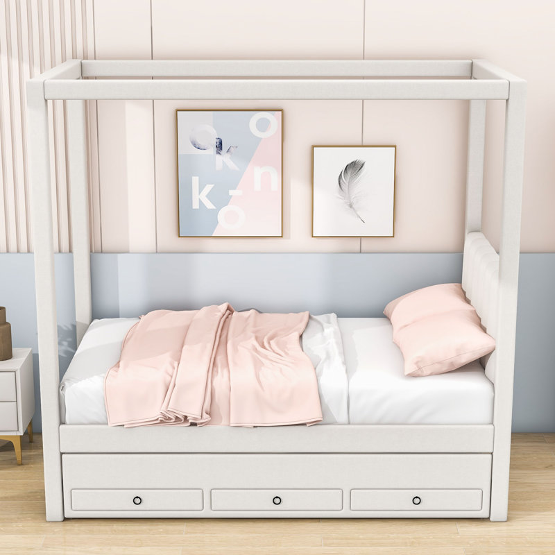 3 Drawer Wood Upholstered Canopy Bed with Trundle, Twin, Beige
