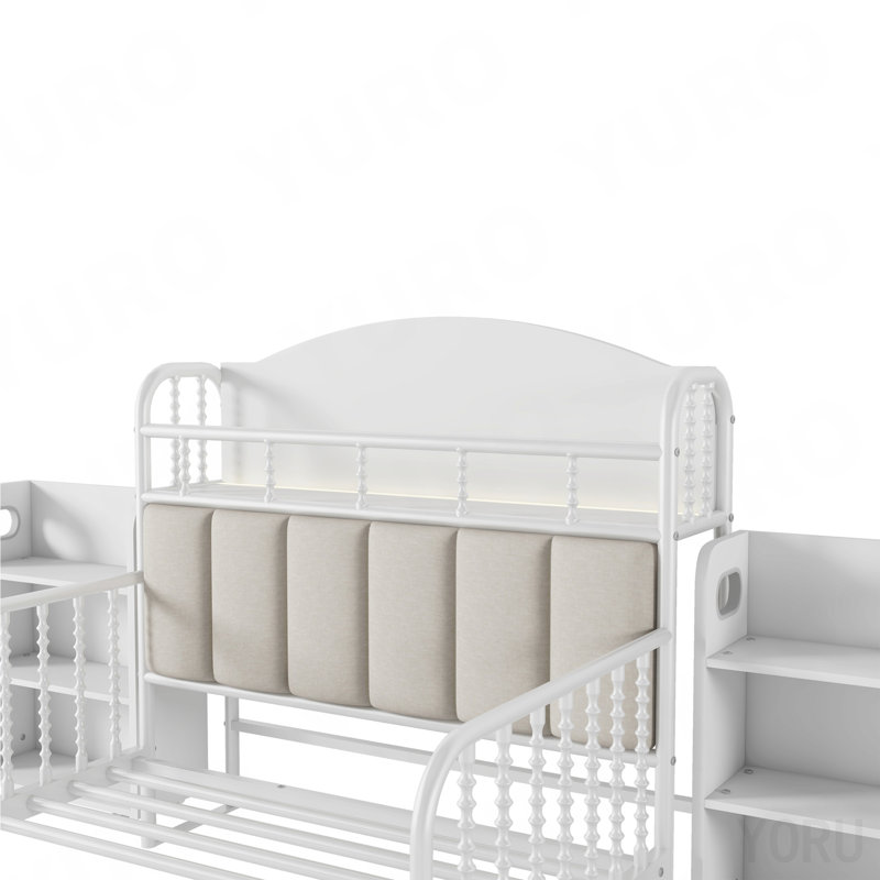 Structure de lit plateforme simple en métal avec tête de lit légère et rembourrée, tablettes de rangement escamotables pour enfants, blanc