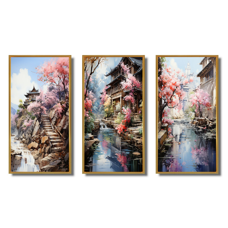«China Art Spring Blossom», 3 pièces sur toile, H 28 po x l 36 po, Encadrement doré