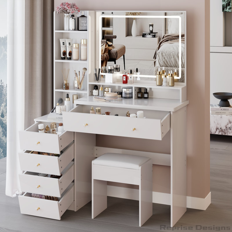 Ensemble de meuble-lavabo de 41 po avec tabouret rembourré et miroir à DEL tactile de 41 po, Blanc