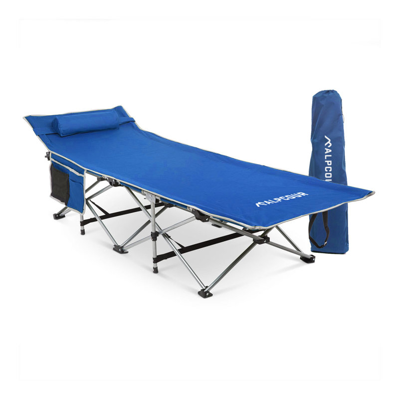 Royal Blue Steel Folding Camping Cot with Pillow