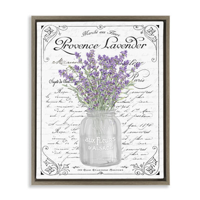 Lavender Ornate French Script Brown Grain Framed Floater Canvas Wall Art by Lettered and Lined