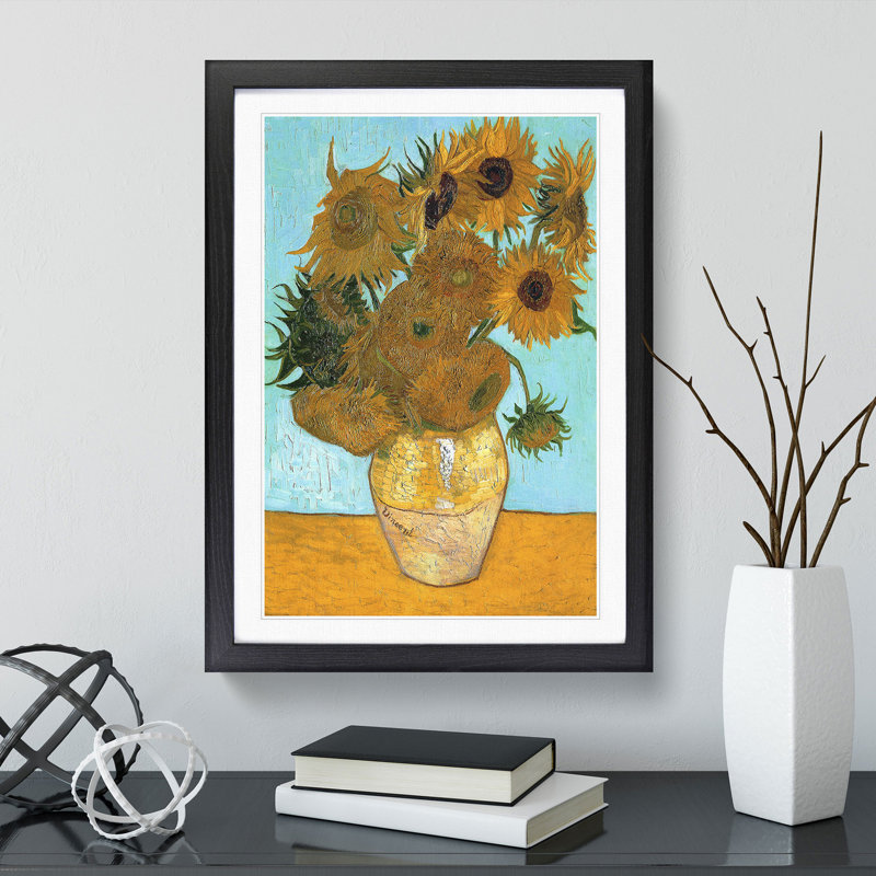 Twelve Sunflowers by Vincent Van Gogh - Picture Frame Painting, 65cm H x 48cm W x 2cm D, Black