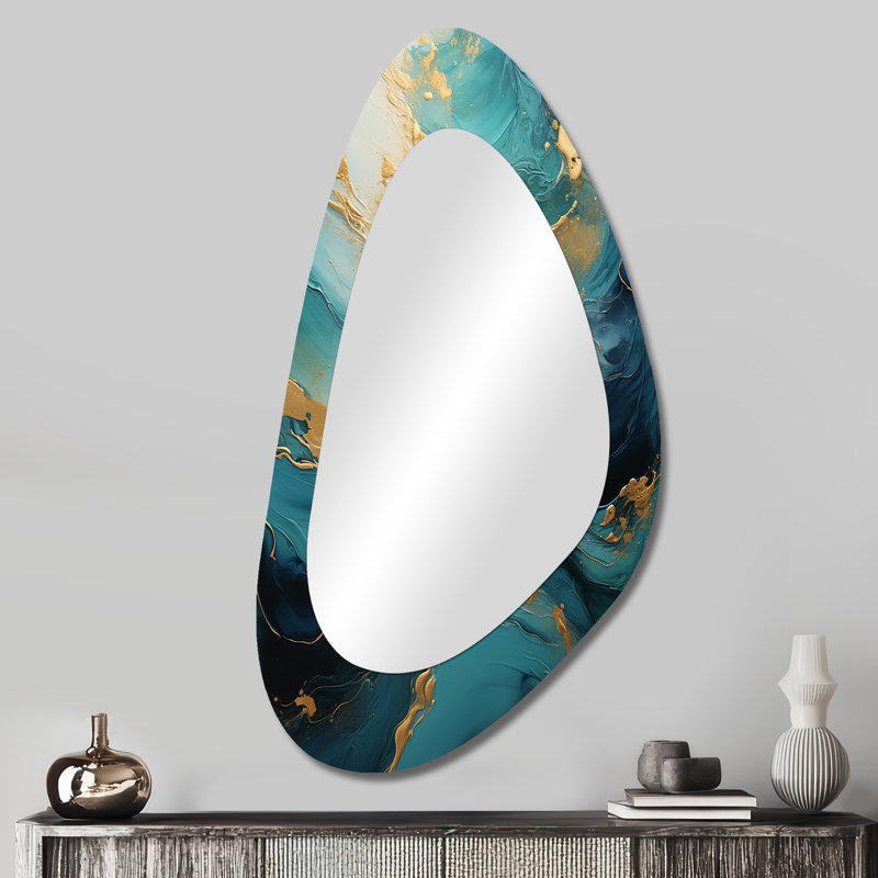 Gold Teal Ocean Spiral II - Abstract Spirals Unique Shape Mirror, Gold Freeform Decorative Wall Mirror, Printed Metal Art