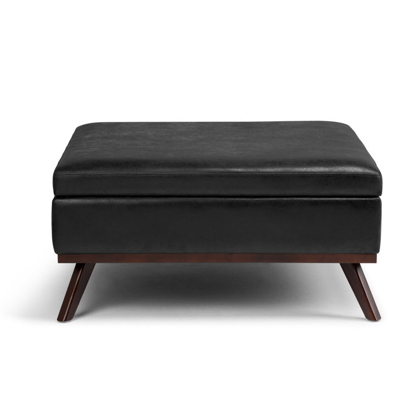 Owen 36"W Upholstered Mid-Century Modern Square Lift-Top Ottoman with Tufted Detail, Distressed Black Vegan Faux Leather