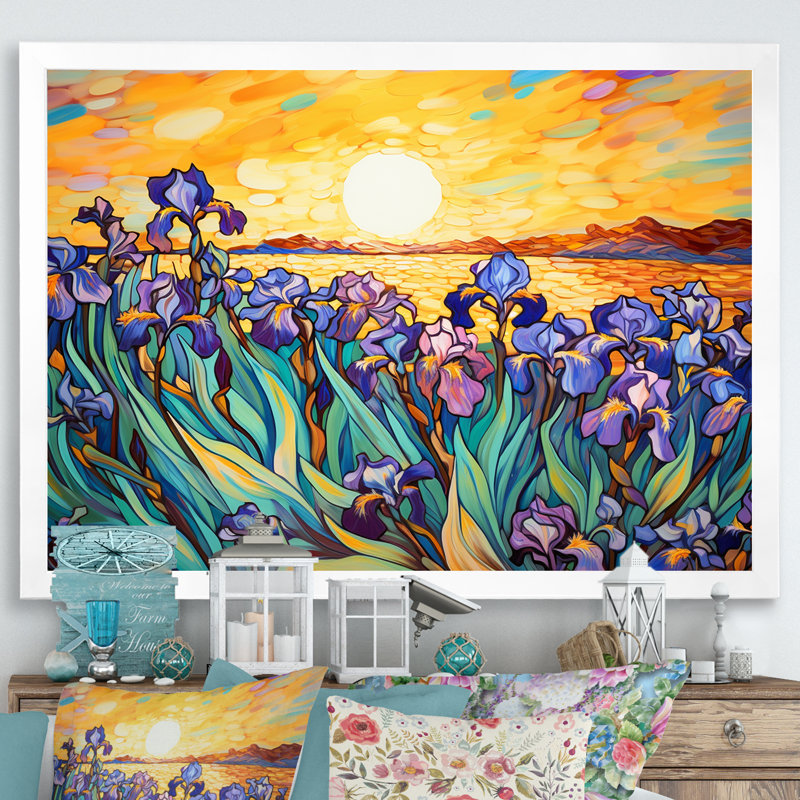 Éclat d'iris bleu au bord du lac II - reproduction, Cadre simple blanc, H 34 po x l 44 po x P 1,5 po