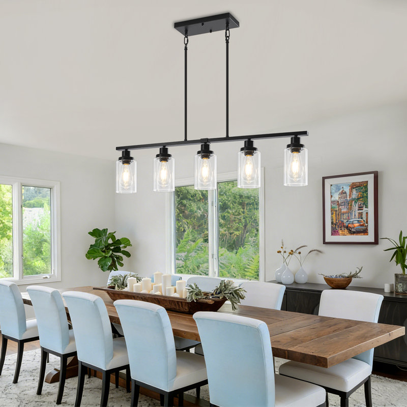 Luminaire suspendu linéaire moderne à 5 lumières avec abat-jour en verre transparent, Matte Black, 5 lumières