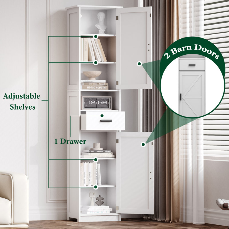 69" H Linen Cabinet Bathroom Storage Cabinet With 2 Barn Doors And 1 Drawer, Narrow Storage Unit, Adjustable Shelves, White