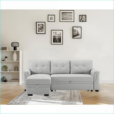 Sectional Sofas 84” Modern Light Gray Linen Reversible Sleeper with Storage Chaise | Light Gray | Sleeper
