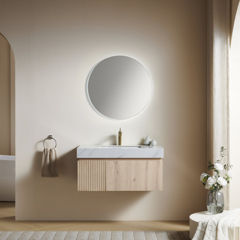 Meuble-lavabo simple en contreplaqué et en bois massif, Chêne blanc, 36", Blanc de Carrare
