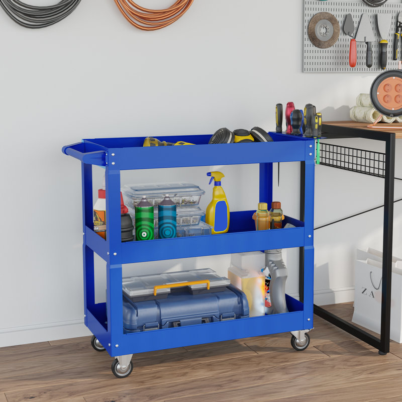 Chariot à outils roulant à 3 niveaux, capacité de 330 LBS, bleu