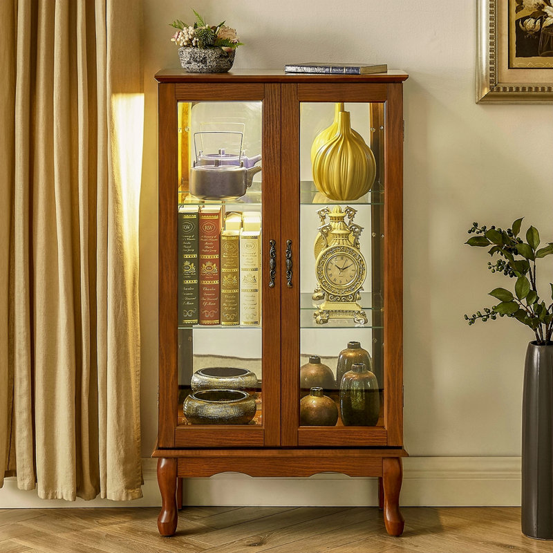 Cabinet Curio avec tablettes réglables et panneau arrière en miroir, portes en verre trempé (3 niveaux) (ampoule E26 non incluse)