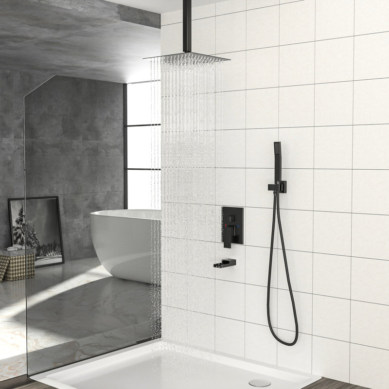 Système de douche carré à fixation au plafond, pomme de douche à pluie de 16 pouces, bec de baignoire en cascade, noir mat, 3 fonctions et entretien facile - soupape d'échaudage, ultra mince avec pivot à 360 degrés