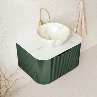 Meuble-lavabo de salle de bain, armoire de salle de bain en contreplaqué rayé à bordures flottantes avec tiroir, vasque en céramique et plateau en pierre frittée, pré-assemblé