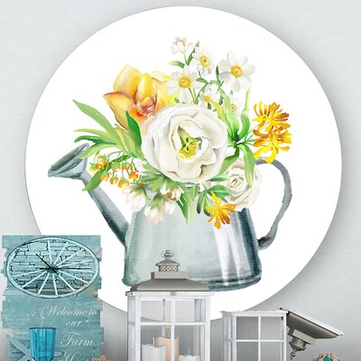 Roses Peonies & Marigolds In Garden Watering Can - Farmhouse Metal Circle Wall Art -  East Urban Home, 3899233E5CA0494C8110B61B17C2673A