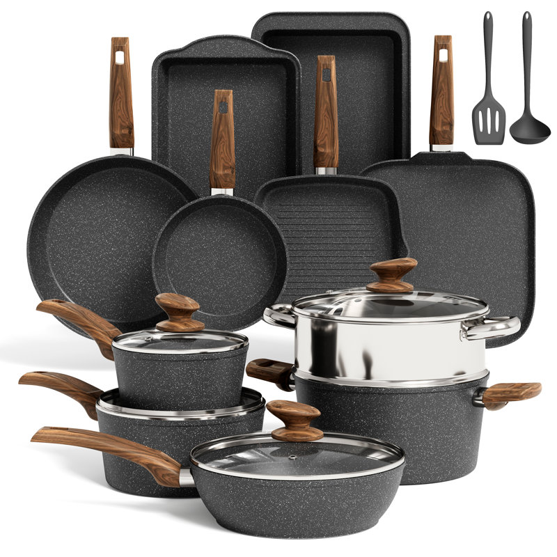 17 - Piece Non-Stick Aluminum Cookware Set, Black/Brown