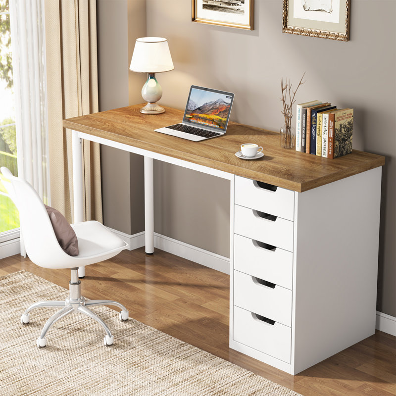 Briget 5-Drawer Computer Desk, Writing, Dressing Modern, Light Brown/White