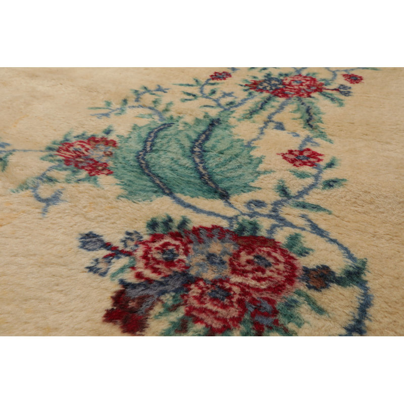Tapis ivoire / turquoise / rouge en laine noué à la main de conception unique 13 pi 4 po x 16 pi 2 po Ferrill