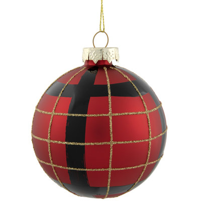 Ornement de Noël boule de verre rouge et noir à carreaux dorés 3,25 po