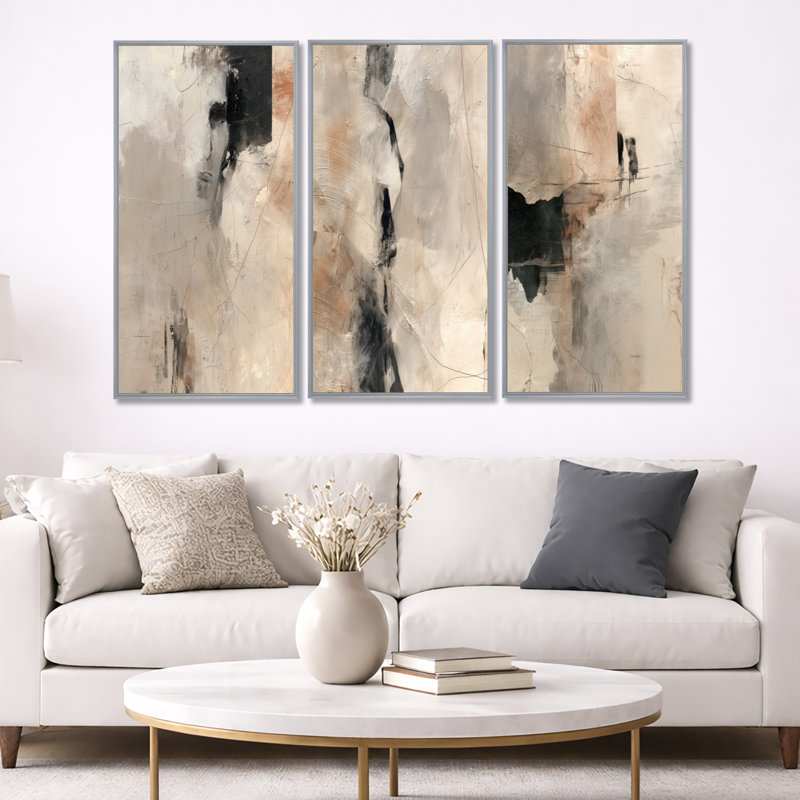 «Black and Grey Brushstroke», peinture abstraite I - impression abstraite sur toile à 3 panneaux, 32" H x 48" W