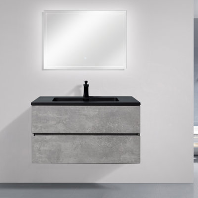 36 In. Wall-Mounted Floating Bath Vanity With Single Black Quartz Sink Top In Gray