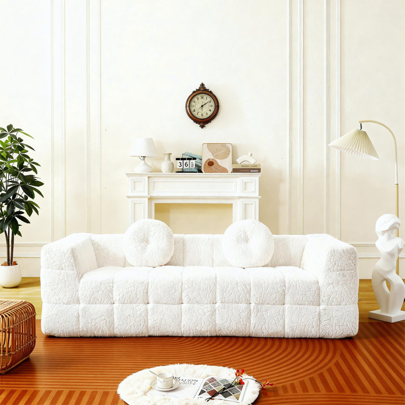 Modern Boneless Couch With Two Circular Throw Pillows, Beige