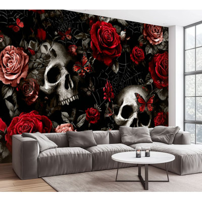 Papier peint adhésif peler et coller crâne gothique Red Rose Spider Webs Butterflies Dark Romantic Style