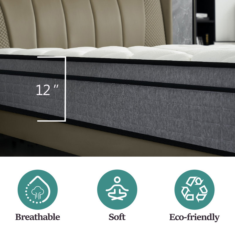 Matelas à plateau-coussin hybride de 12 pouces avec mousse viscoélastique infusée de gel, respirant et hypoallergénique