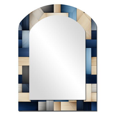 Beige And Blue Stripes Symmetry - Geometric Arch Decorative Mirror, Modern Asymmetrical Large Wall Mirror, Printed Metal Art