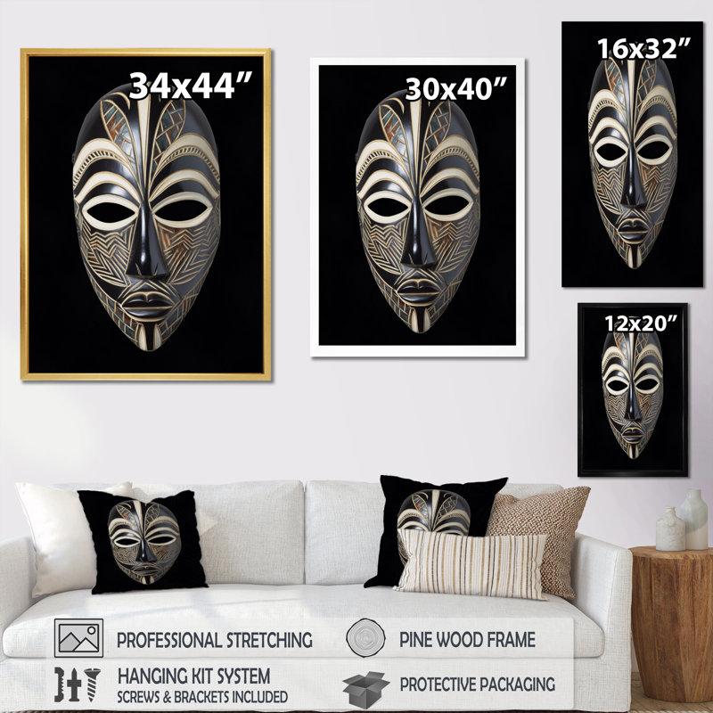 Masque africain Ethnical Traditional, Cadre simple noir, H 20 po x l 12 po x P 1 po