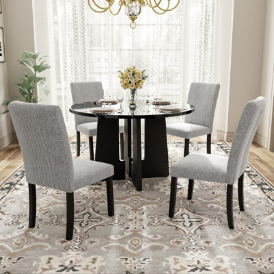Ensemble de salle à manger rond 5 pièces classique 43,3 x 43,3 x 29,8 pouces en faux marbre et bois d'hévéa, gris et noir avec plateau de table effet marbre