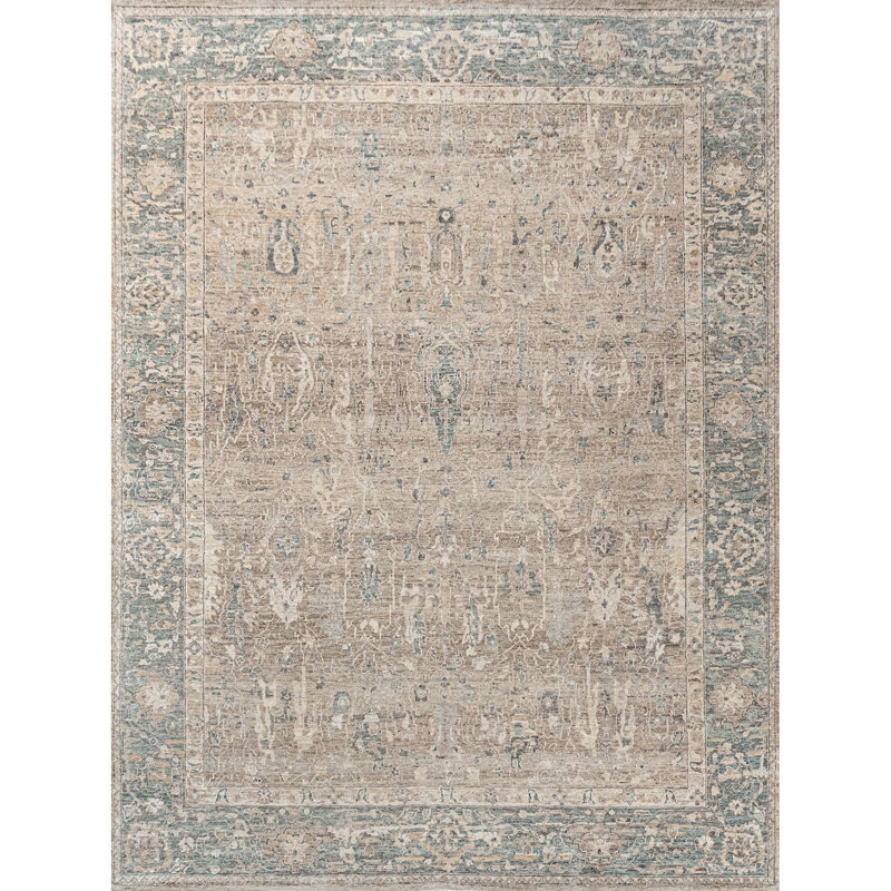 High-Quality Hand-Knotted Taupe And Teal Area Rug, Taupe And Teal, Rectangle 9' x 12'